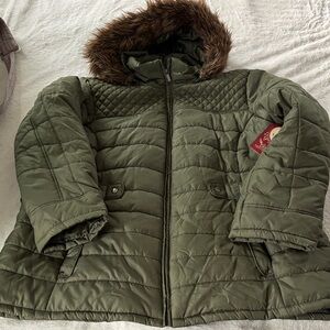 Faded Glory Olive Puffer Jacket with Faux Fur Trim